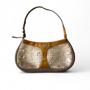 Prada Beige Sequin Shoulder Bag with Tan Trim
